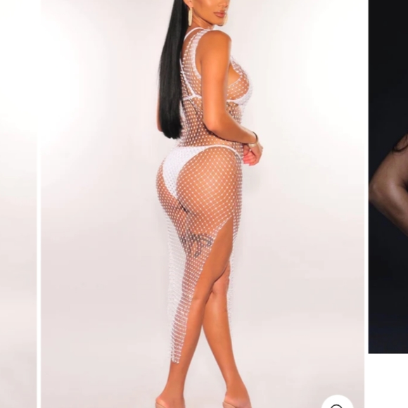 WHITE FISHNET SILVER RHINESTONE COVER UP DRESS ONE SIZE - Picture 2 of 9